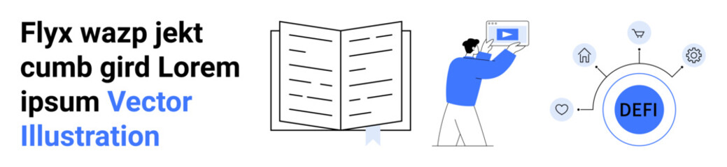 Open book with a ribbon marker, person presenting video content on a screen, decentralized finance DeFi network with icons. Ideal for technology, learning, blockchain, fintech, innovation, education