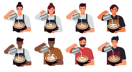 Baristas pouring latte art into coffee cups