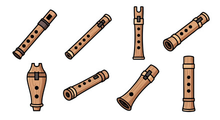 Wooden flutes collection with transparent background