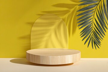 minimal abstract background for product presentation, a round wooden podium with a shadow on a yellow color backdrop and a palm leaf. --ar 3:2 --v 7 Job ID: aed4c087-68aa-42f3-ac66-6b022430dbc3