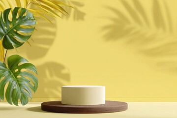 minimal abstract background for product presentation, round wooden podium with tropical leaf shadow on a yellow backdrop, mock-up scene for cosmetic products and other goods, 