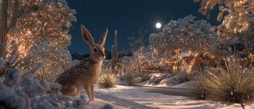 Desert jackrabbit in snowy landscape under moonlight with bushes and road