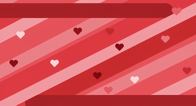 Abstract background with diagonal red and pink stripes and scattered heart shapes, creating a romantic and loving visual theme. - Powered by Adobe