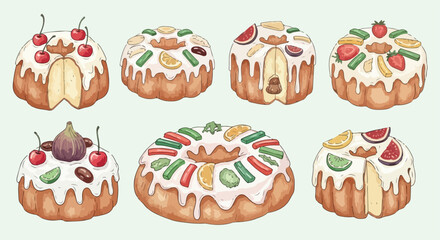 Fruit cakes with cream and toppings