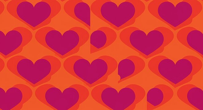 Seamless pattern of fuchsia hearts with orange shadows on a vibrant orange background, creating a retro and playful design. - Powered by Adobe