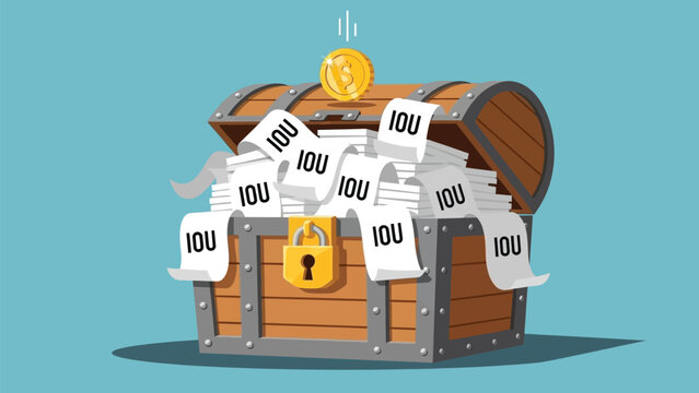 A whimsical treasure chest overflowing with IOUs, representing illusory wealth