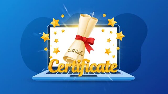 Online Education Graduation Certificate and Graduation Cap on Laptop Screen.