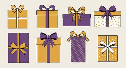 Gift boxes with ribbons and bows in purple and gold