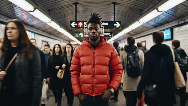 Centered man with headphones in red puffer jacket among subway crowd, lights and directional signage above