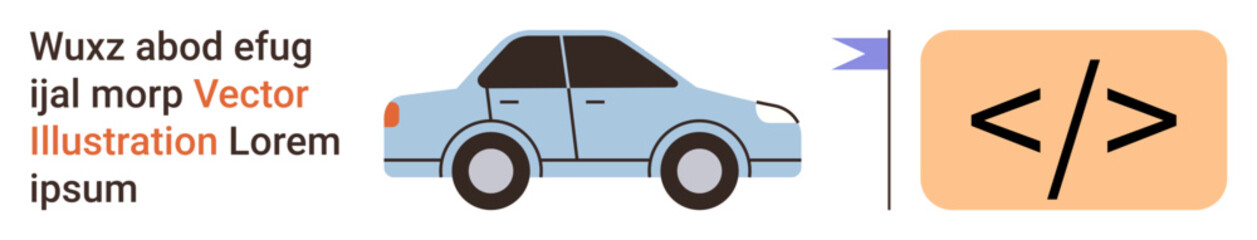 Transportation, programming, coding, development, creativity, future mobility. A compact blue car and coding symbol on a light backdrop. Focus on transportation and programming