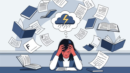 A student overwhelmed by academic pressure and stress, depicted by floating papers