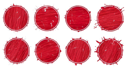 Set of red grunge circular stamps with rough edges isolated on transparent background