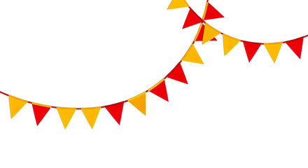 Festive red and yellow triangular flags decoration isolated on transparent background
