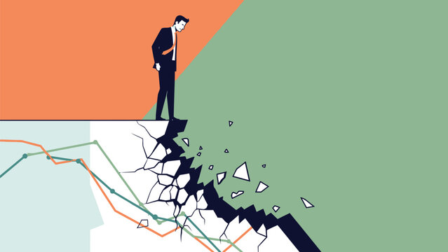 Businessman at the precipice of a broken financial graph, signifying market crash