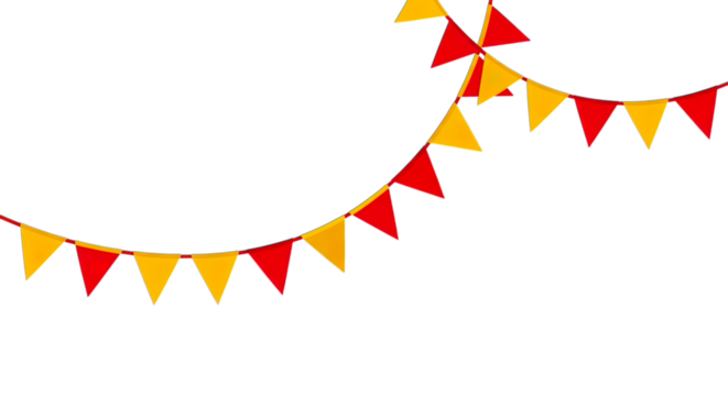 Festive red and yellow triangular flags decoration isolated on transparent background - Powered by Adobe