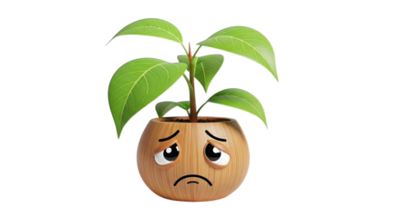 Sad cartoon plant in a wooden pot isolated on transparent background