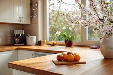 Modern kitchen interior with wooden countertop and fresh fruit