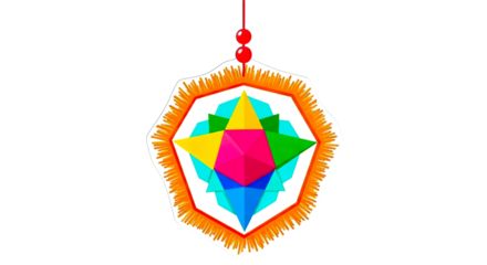 Colorful geometric star ornament with fringe, hanging, isolated on transparent background