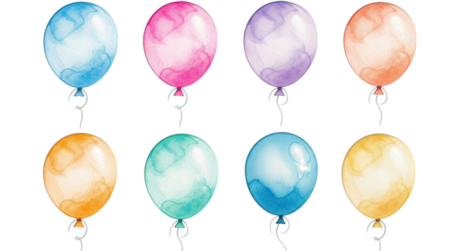 Colorful watercolor balloons for celebration and party isolated on white isolated on transparent background - Powered by Adobe