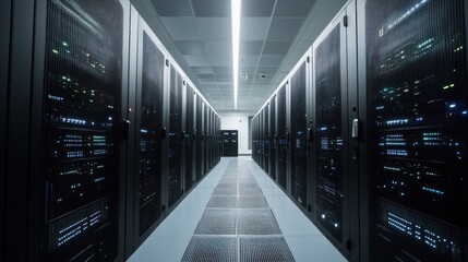 Server room interior.  Rows of  black server racks.  Illuminated pathway