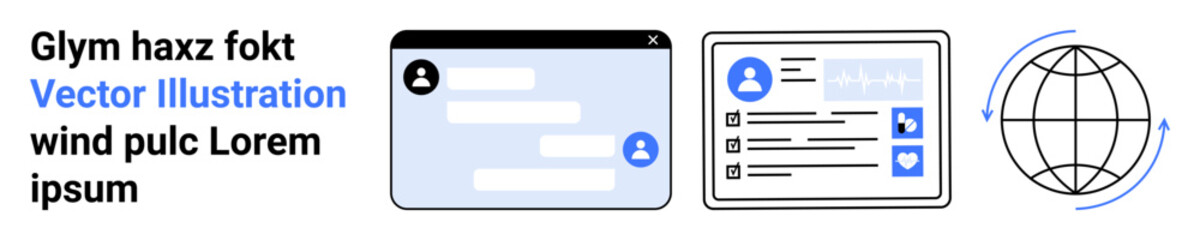 Obraz premium Digital communication, online interaction, global connectivity, user interface design, virtual networking, messaging services. Chat interface, user details section and a globe icon. Digital