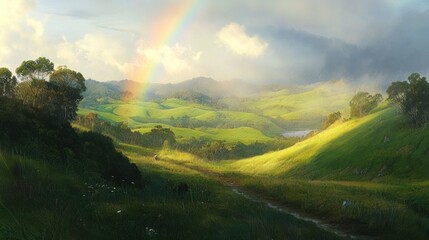 Serene valley landscape with rainbow