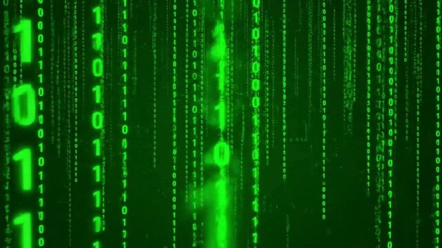 Abstract digital rain of green binary code cascading in the dark