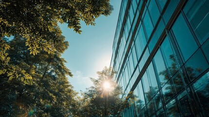 Modern office building exterior with glass windows and trees