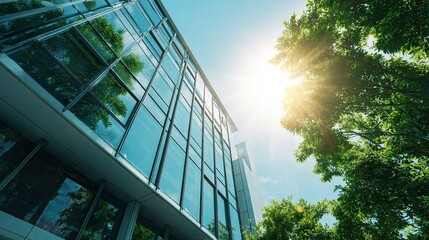 Modern office building exterior with glass windows and trees