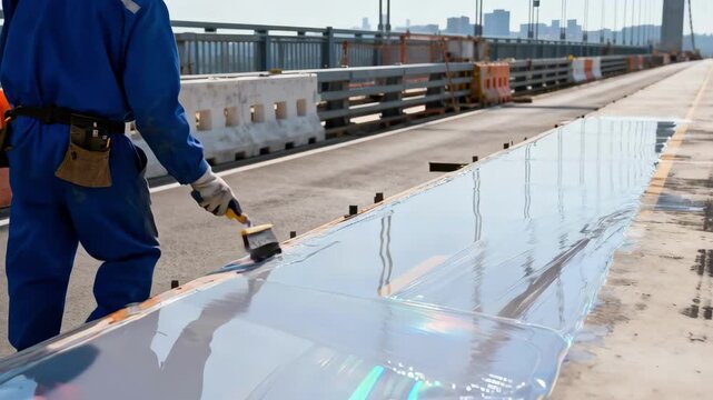 Medium shot of a worker spreading a transparent resin layer on a bridge deck for advanced waterproofing and surface protection in construction maintenance.