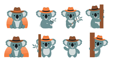Koala characters with hats in various poses