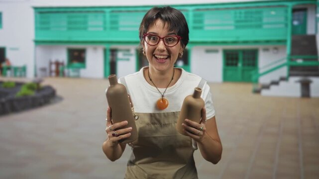Young woman wearing apron holds two pottery bottles at chest, smiling and presenting them in a studio courtyard; joyful craft.
