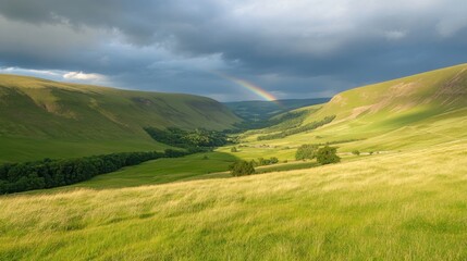 Vast valley with a rainbow piercing storm clouds. Lush green meadows stretch to a shadowed valley floor