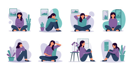 Woman sitting alone in room, feeling sad or thoughtful