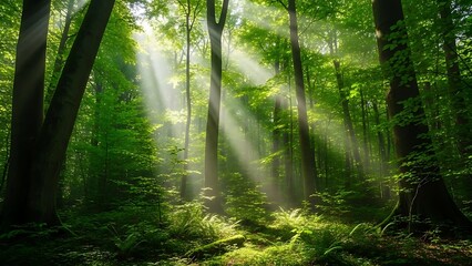 Fototapeta premium Sunbeams piercing through lush green forest canopy creating a magical atmosphere.