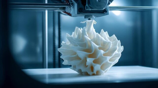 Medium shot of innovative vinyl material being formed by advanced 3D printing technology in a hightech studio setting