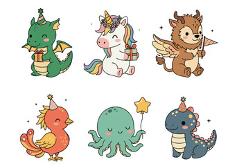 Obraz premium Mythical Babies Icons Sticker Set – 6 Isolated PNG Icons Baby Dragon, Unicorn Foal, Griffin Chick, Phoenix Hatchling, Kraken Calf & Basilisk Tot Icons