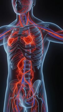 Detailed 3D animation of human circulatory system and glowing internal organs