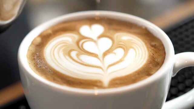 Artistic latte art in a creamy cappuccino, perfect for a morning indulgence.