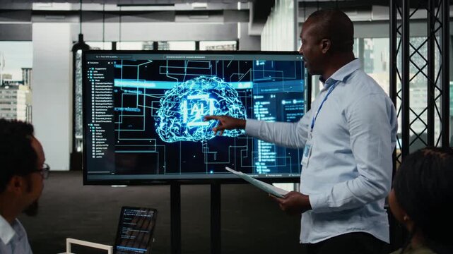 Tech startup office manager doing presentation on neural network technology to potential investors. African american man using display to show business shareholders latest AI innovations, camera A