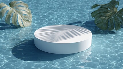 Empty white pool podium with tropical leaves in clear water