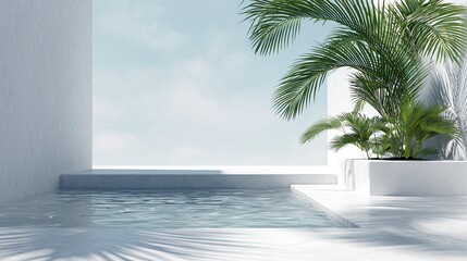 Serene 3D rendering of an empty white pool with palm tree
