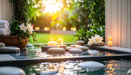 Tranquil outdoor spa with lit candles, smooth stones, and white flowers floating on water, set against lush greenery at golden hour for wellness and relaxation.