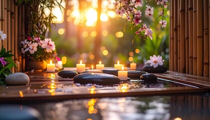 Tranquil spa setting with glowing candles, smooth wet stones, delicate flowers, and bamboo backdrop for relaxation.