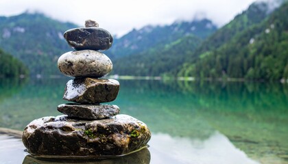 Balanced Stone Cairn on Tranquil Lake Shore with Mountain Reflection