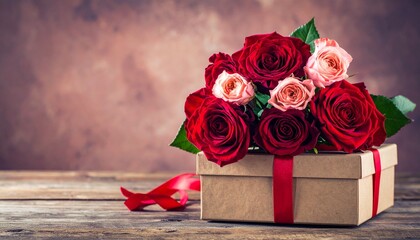 Romantic Red and Pink Roses Bouquet on Gift Box with Ribbon on Wooden Table for Valentine's Day