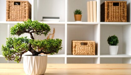 Small Bonsai Tree in White Pot on Wooden Desk with Blurred White Shelf Background