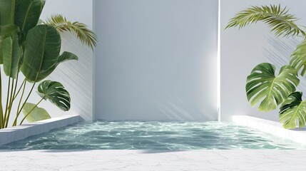 Empty white pool with water and tropical plants in modern minimalist setting