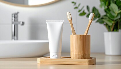 Eco-friendly bamboo toothbrushes and white toothpaste tube on a wooden tray in a bright, minimalist bathroom. Sustainable dental care and oral hygiene products.