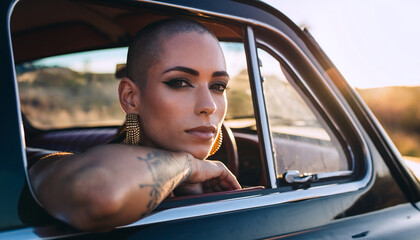 Fototapeta premium Confident woman with shaved head leaning from vintage car window under golden sunset light